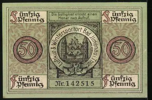 Notgeld Ilmenau 1921, 50 Pfennig, Kickelhahn-Turm und Wappen, Nr. 142515