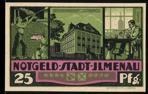 Notgeld Ilmenau 1921, 25 Pfennig, Staatsprüfamt, Glasbläser bei der Arbeit, Wappen