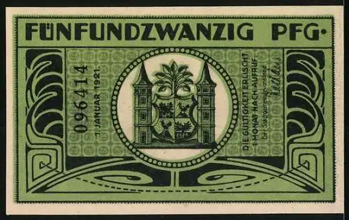 Notgeld Ilmenau 1921, 25 Pfennig, Staatsprüfamt, Glasbläser bei der Arbeit, Wappen