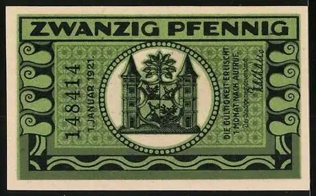 Notgeld Ilmenau 1921, 20 Pfennig, Mann vor Häuschen, Seriennummer 148414, Wappen
