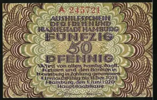 Notgeld Hamburg 1920, 50 Pfennig, Löwen mit Stadtmauer und Wappen, Seriennummer A245721