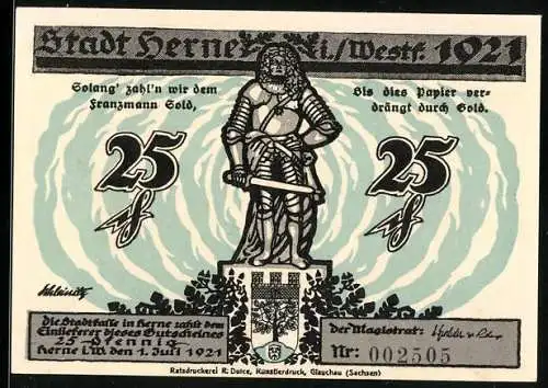 Notgeld Herne 1921, 25 Pfennig, Ritterfigur und Industrieansicht, mit Seriennummer und Wappen