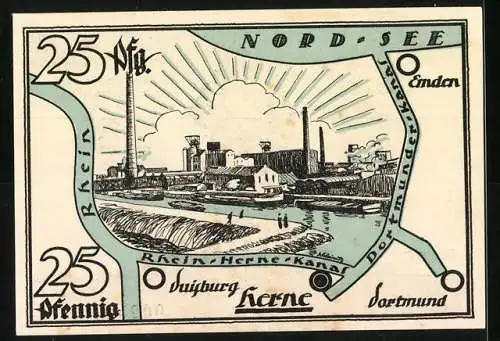 Notgeld Herne 1921, 25 Pfennig, Ritterfigur und Industrieansicht, mit Seriennummer und Wappen
