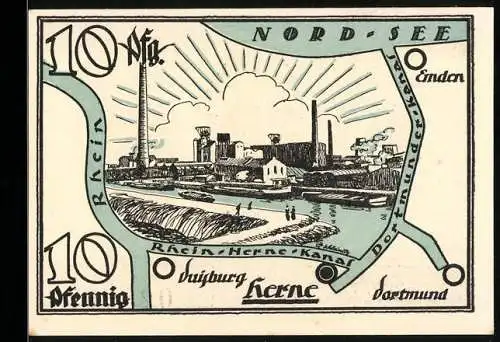 Notgeld Herne 1921, 10 Pfennig, Rhein-Herne-Kanal und Ritterstatue, Seriennummer 028908, Stadtwappen