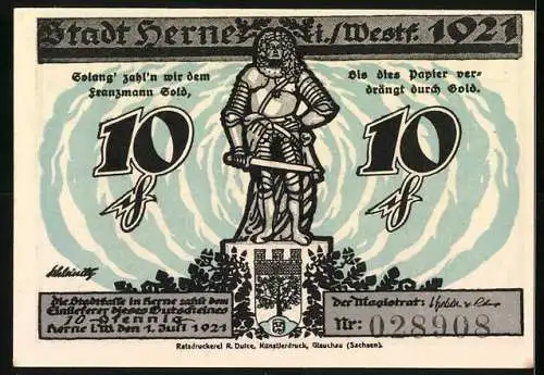 Notgeld Herne 1921, 10 Pfennig, Rhein-Herne-Kanal und Ritterstatue, Seriennummer 028908, Stadtwappen