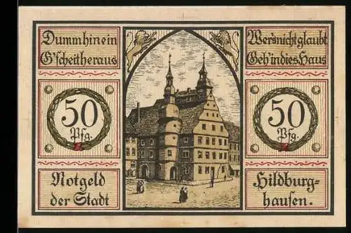 Notgeld Hildburghausen 1921, 50 Pfennig, Rathaus und Wappen mit zwei Löwen und Figuren, Seriennummer 210472