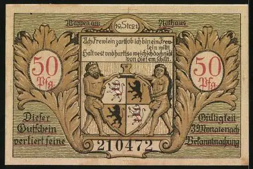 Notgeld Hildburghausen 1921, 50 Pfennig, Rathaus und Wappen mit zwei Löwen und Figuren, Seriennummer 210472