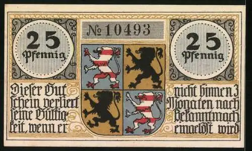 Notgeld Hildburghausen, 25 Pfennig, Schloss und Wappen mit Löwen, Seriennummer 10493