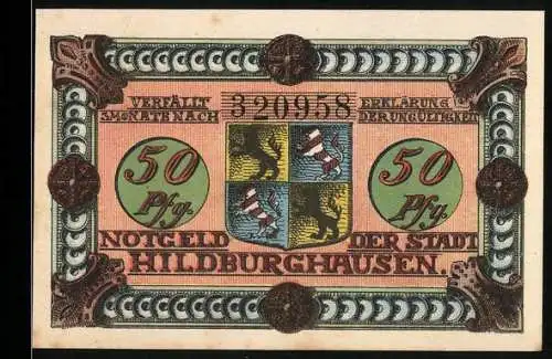 Notgeld Hildburghausen 1921, 50 Pfennig, Wappen und Frau mit Korb, Seriennummer 320958