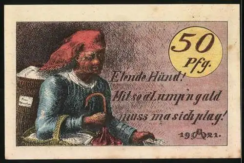 Notgeld Hildburghausen 1921, 50 Pfennig, Wappen und Frau mit Korb, Seriennummer 320958