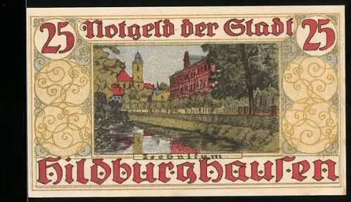 Notgeld Hildburghausen, 25 Pfennig, Stadtansicht und Wappen, Seriennummer 112958