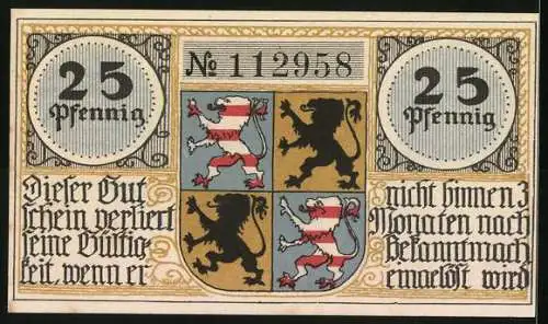 Notgeld Hildburghausen, 25 Pfennig, Stadtansicht und Wappen, Seriennummer 112958