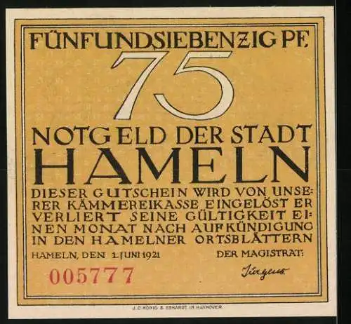 Notgeld Hameln 1921, 75 Pfennig, Motiv der Siebenlinge Denkstein, Seriennummer 005777