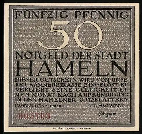 Notgeld Hameln 1921, 50 Pfennig, Motiv: Siebenlinge mit Inschrift und Seriennummer 005703