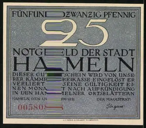 Notgeld Hameln 1921, 25 Pfennig, Siebenlinge-Motiv mit Text, Seriennummer 005809