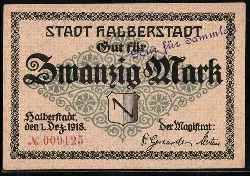 Notgeld Halberstadt 1918, 20 Mark, gotische Gebäude und dekorative Muster, Seriennummer 009125