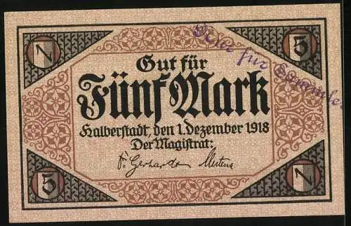 Notgeld Halberstadt 1918, 5 Mark, gotische Schrift und Ornamentik, Seriennummer 079173