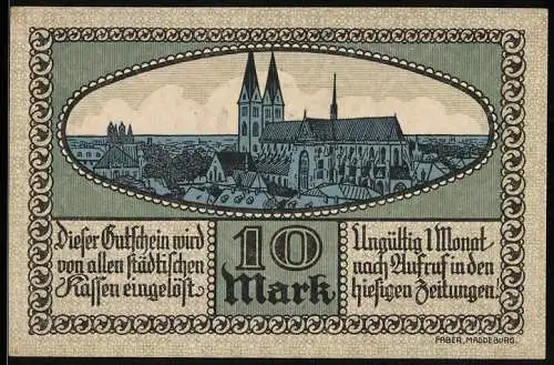 Notgeld Halberstadt 1918, 10 Mark, Stadtansicht mit Kirche, Seriennummer 033783, Wappen