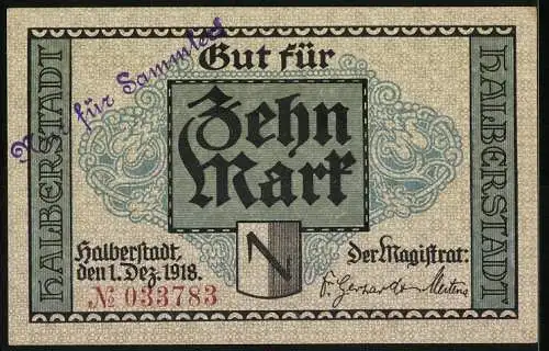 Notgeld Halberstadt 1918, 10 Mark, Stadtansicht mit Kirche, Seriennummer 033783, Wappen