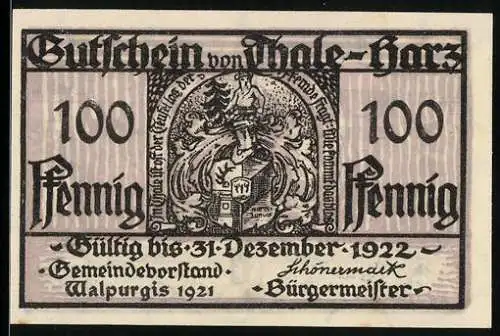 Notgeld Thale 1921, 100 Pfennig, Wappen und Eisenhüttenwerk mit Arbeitern, gültig bis 1922