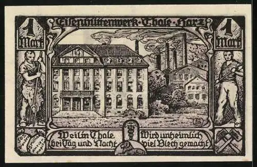 Notgeld Thale 1921, 100 Pfennig, Wappen und Eisenhüttenwerk mit Arbeitern, gültig bis 1922