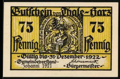 Notgeld Thale 1921, 75 Pfennig, Wappen, Berglandschaft, Gedicht und Jäger