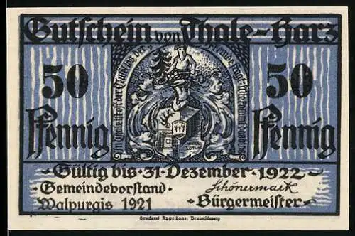 Notgeld Thale-Harz 1921, 50 Pfennig, Walpurgishalle mit Fabelwesen und Stadtwappen