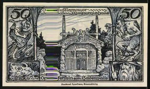 Notgeld Thale-Harz 1921, 50 Pfennig, Walpurgishalle mit Fabelwesen und Stadtwappen