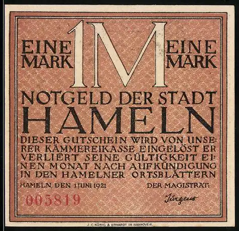 Notgeld Hameln 1921, 1 Mark, Siebenlinge-Motiv, Seriennummer 005819