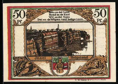 Notgeld Helgoland 1921, 50 Pfennig, Inselansicht mit Wappen und dekorativen Mustern, Seriennummer 60124