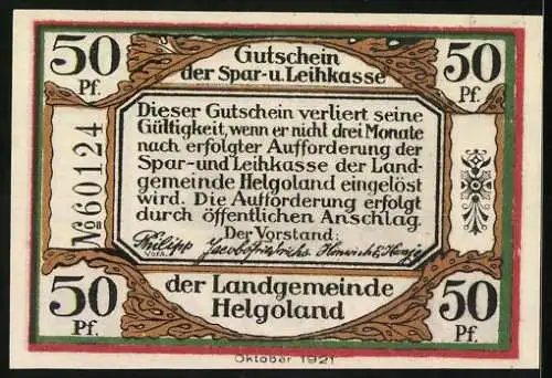 Notgeld Helgoland 1921, 50 Pfennig, Inselansicht mit Wappen und dekorativen Mustern, Seriennummer 60124