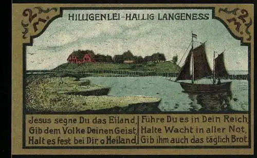 Notgeld Hallig Langeness 1921, 2 Mark, Landschaft und Inselkarte, Blumenverzierung