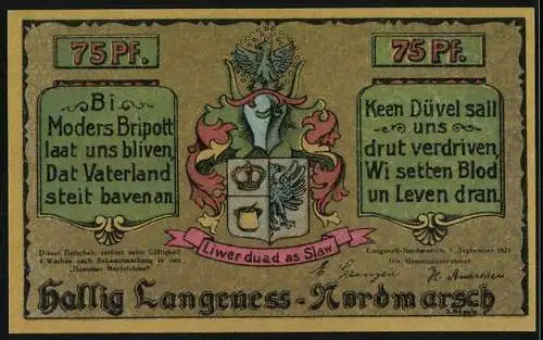 Notgeld Hallig Langeness 1921, 75 Pfennig, Flagge schwingende Figur, Küstenlandschaft, Wappen, Inschriften in Friesisch