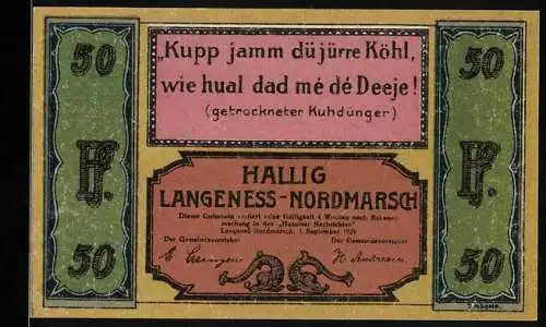 Notgeld Hallig Langeness-Nordmarsch 1921, 50 Pfennig, Diddenfabrikation und ländliche Szene mit Kühen