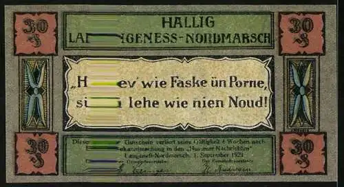 Notgeld Hallig Langeness-Nordmarsch 1921, 30 Pfennig, Muschelfischer mit Netz im Wasser, Inschrift und florale Muster