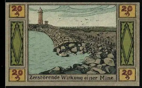 Notgeld Langeness-Nordmarsch 1921, 20 Pfennig, zerstörende Wirkung einer Mine, Mole & Leuchtturm, mit Wappen