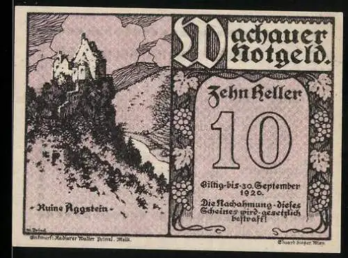 Notgeld Spitz A./D. 1920, 10 Heller, Ruine Aggstein, Landschaft und Textumrandung