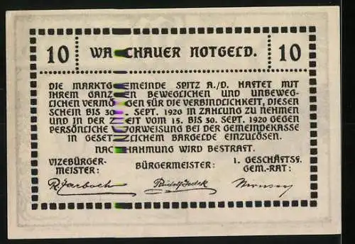 Notgeld Spitz A./D. 1920, 10 Heller, Ruine Aggstein, Landschaft und Textumrandung