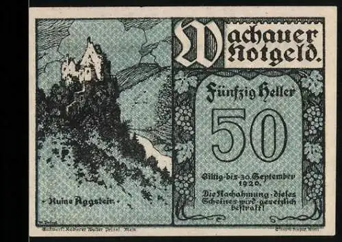 Notgeld Spitz / Donau 1920, 50 Heller, Ruine Aggstein, Gültig bis 30. September 1920