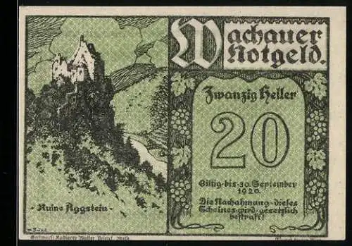 Notgeld Spitz / Donau 1920, 20 Heller, Ruine Aggstein und Text mit Unterschriften