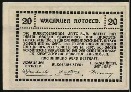 Notgeld Spitz / Donau 1920, 20 Heller, Ruine Aggstein und Text mit Unterschriften