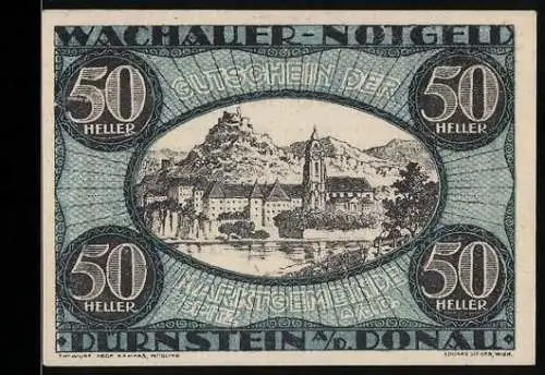 Notgeld Spitz / Donau 1920, 50 Heller, Landschaftsansicht mit Burg und Kirche an der Donau