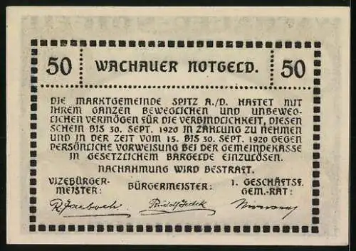 Notgeld Spitz / Donau 1920, 50 Heller, Landschaftsansicht mit Burg und Kirche an der Donau