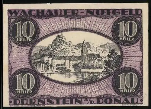 Notgeld Spitz / Donau 1920, 10 Heller, Dürnstein und Donau im Oval, Wachauer Notgeld-Aufschrift