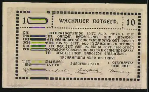 Notgeld Spitz / Donau 1920, 10 Heller, Dürnstein und Donau im Oval, Wachauer Notgeld-Aufschrift