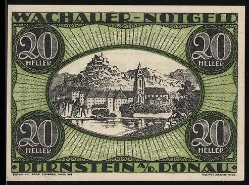 Notgeld Spitz / Donau 1920, 20 Heller, Stadtansicht mit Burg und Kirche, Wachauer Notgeld