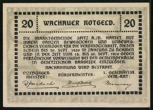 Notgeld Spitz / Donau 1920, 20 Heller, Stadtansicht mit Burg und Kirche, Wachauer Notgeld