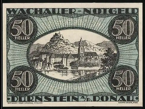 Notgeld Spitz / Donau 1920, 50 Heller, Stadtansicht mit Kirche und Burg, Wachauer Notgeld