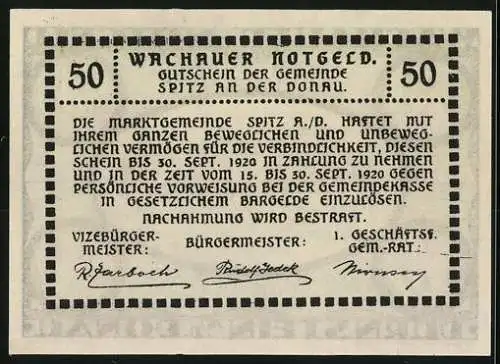 Notgeld Spitz / Donau 1920, 50 Heller, Stadtansicht mit Kirche und Burg, Wachauer Notgeld