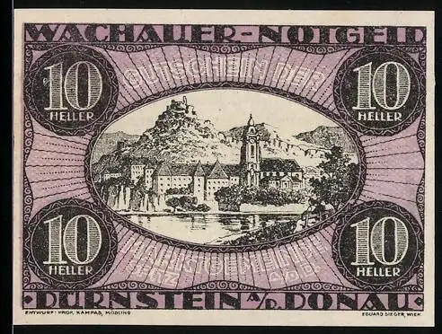 Notgeld Spitz / Donau 1920, 10 Heller, Ansicht von Dürnstein an der Donau, Wachauer Notgeld